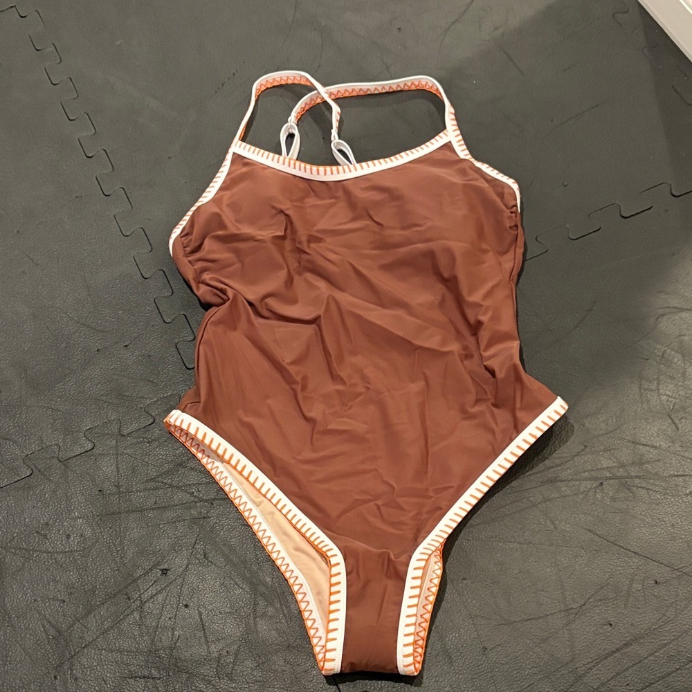 Brown One-Piece Swimsuit with White Trim